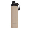 A drink bottle in matte beige with a black lid and a removable carrying handle; it features a logo.