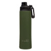 A drink bottle in olive green stainless steel with a black lid and a carry handle. Features a logo on the side.