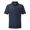 A navy blue men's polo shirt with a collar and three buttons, featuring a logo on the chest.