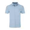 A light blue men's polo shirt with gingham trim and a logo on the collar.