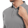 A men's polo shirt in grey with micro feeder stripes, featuring a collar and two buttons. It has a branding logo.