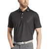 A black polo shirt with a collar and short sleeves, featuring a logo on the neckline. The model wears grey trousers.