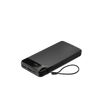 A black power bank with a strap and two USB ports, featuring a digital display for battery charge level.
