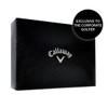 A black box with a logo, containing Callaway Warbird golf balls. Box features a hexagonal pattern.