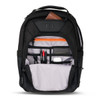 A black backpack with multiple compartments, featuring an orange zipper and organisational pockets for accessories and stationery.