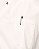 A white unisex executive chef jacket featuring a pen pocket and a logo on the sleeve.