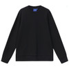 A black unisex crew neck sweater with long sleeves and a simple design. It features a small logo on the neckline.