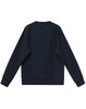 A back view of a navy unisex crew neck sweater featuring long sleeves and a simple design. It has a logo on the back.