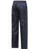 Lightweight nylon waterproof rain pants in navy blue, featuring an elastic waistband and two side pockets.