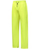 Lightweight nylon waterproof rain pants in bright yellow. Features an elastic waistband and a drawstring for adjustment.