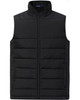 A black insulated puffer vest featuring a high collar and a zip front, designed with a 3D cut. It includes a logo.