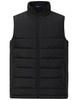 A black insulated puffer vest featuring a high collar and a zip front, designed with a 3D cut. It includes a logo.