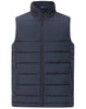 A men's sustainable insulated puffer vest in navy blue with a 3D cut design and a front zip closure.