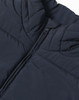 A navy insulated puffer vest featuring a 3D cut with a front zipper and a branded logo.