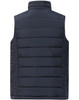 A navy blue men's sustainable insulated puffer vest with a 3D cut, featuring a simple design and a logo.