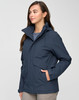 A unisex quilted waterproof jacket in navy, featuring a hood and front pockets, worn by a model.
