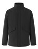 A unisex quilted waterproof jacket in black, featuring a high collar and front pockets. It has a simple logo.