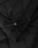 A close-up of a black quilted waterproof jacket featuring adjustable drawstrings. It includes a logo.