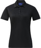 A black ladies' short-sleeve polo shirt with a collared neckline and a logo on the chest.