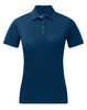 A navy blue ladies' sustainable jacquard knit short-sleeve polo with a collar and three-button placket.