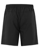 Black unisex cotton shorts featuring an elastic waistband and a back pocket, with a simple logo.