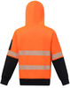 A safety hoodie featuring a hi-vis orange body with black sleeves and segmented reflective tape for visibility.