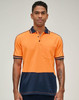 A Hi-Vis polo shirt in orange and navy featuring a pocket and branded logo. The shirt has a collar and short sleeves.