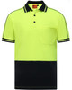 A high-visibility short-sleeved polo in bright yellow with a navy blue bottom and a chest pocket. It features a logo.