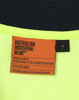 A bright yellow safety polo shirt with a dark collar, featuring a logo and a care label inside.