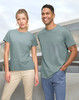 A men's and women's premium cotton short sleeve tee shirt in a soft green colour, featuring a logo.