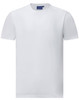 A white short-sleeve tee shirt made of premium cotton, featuring a simple design and a logo on the label.