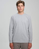 A grey long-sleeve t-shirt made from premium cotton, featuring a plain design and a logo.