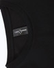A close-up of a black long-sleeve tee with a round neckline, featuring a branded label inside the collar.