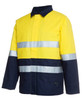 A yellow and navy work jacket with reflective strips and a collar, featuring a logo.