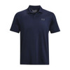 A navy polo shirt with a collar and short sleeves featuring a logo on the left chest area.