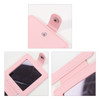 A pink square folding pocket mirror with a snap closure and a reflective surface, featuring stitching details.
