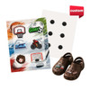 Custom shoe charms in various sports designs, featuring vibrant colours and a backing card with slots for attachment.