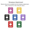 A collection of shoelace attachments in various colours: pink, purple, yellow, blue, green, black, and red.