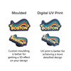 Custom shoe charms in two styles: moulded with 3D effect and digital UV print for detailed design, featuring colourful "Boston" text.