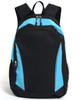 A black and blue backpack featuring a zippered front pocket and side mesh pockets, with a logo on it.