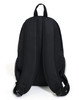 A black backpack featuring padded shoulder straps and a mesh side pocket, with a logo on the front.