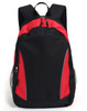A black and red backpack featuring a logo, with adjustable straps and side mesh pockets.