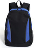 A black and blue backpack with adjustable straps and side mesh pockets. It features a logo on the front.