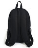 A black backpack featuring padded shoulder straps and mesh side pockets. It has a simple design and includes a logo.