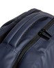 A dark navy backpack featuring a smooth texture and zippered compartments. The product has a logo.