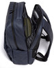 A navy blue PU backpack featuring multiple compartments and a padded back for comfort. Includes a logo.