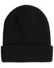 A black roll-up cable knit snug beanie with a ribbed texture and a folded cuff. It features a logo.