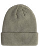 A roll-up cable knit snug beanie in a muted green colour, featuring a logo on the side.