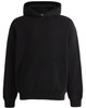 A black unisex premium fleece oversized hoodie with a front pocket and a hood. Features a logo.