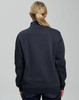 A unisex premium fleece half zip work sweat in navy blue, featuring a simple design and a logo on the back.